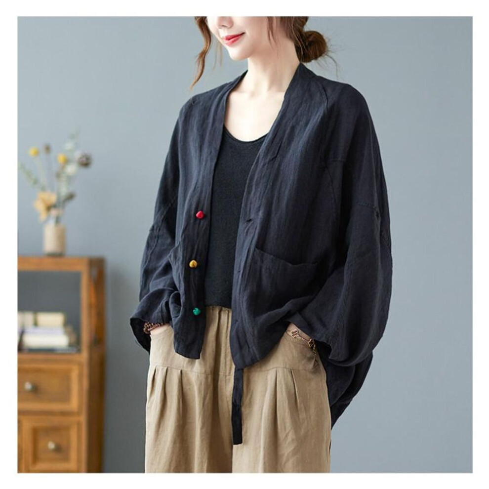(black, One Size) Women's  Autumn Vintage Style  Long Sleeve Jackets  All-match Loose Comfortable Cotton Linen  Casual Coats
