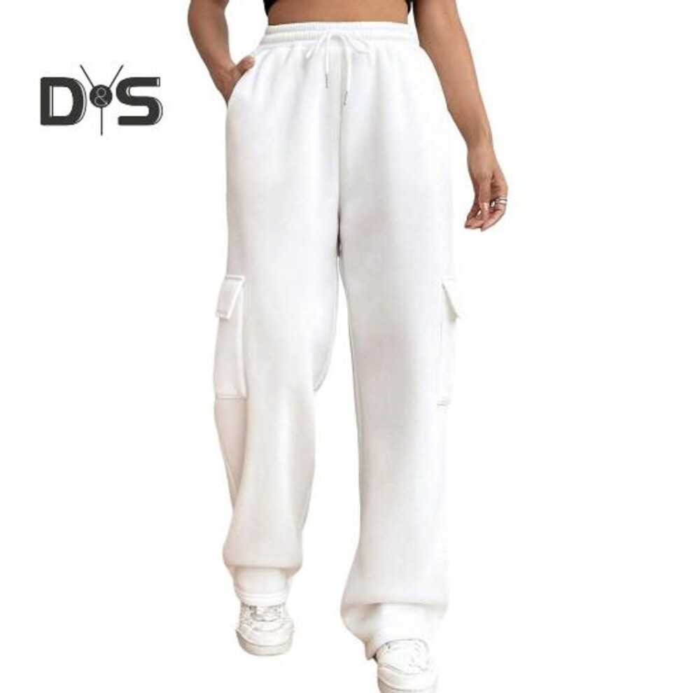 (white, L) Women Cargo Pants Elastic Waist Adjustable Drawstring Straight Wide Leg Trousers Solid Color Sport Long Pants
