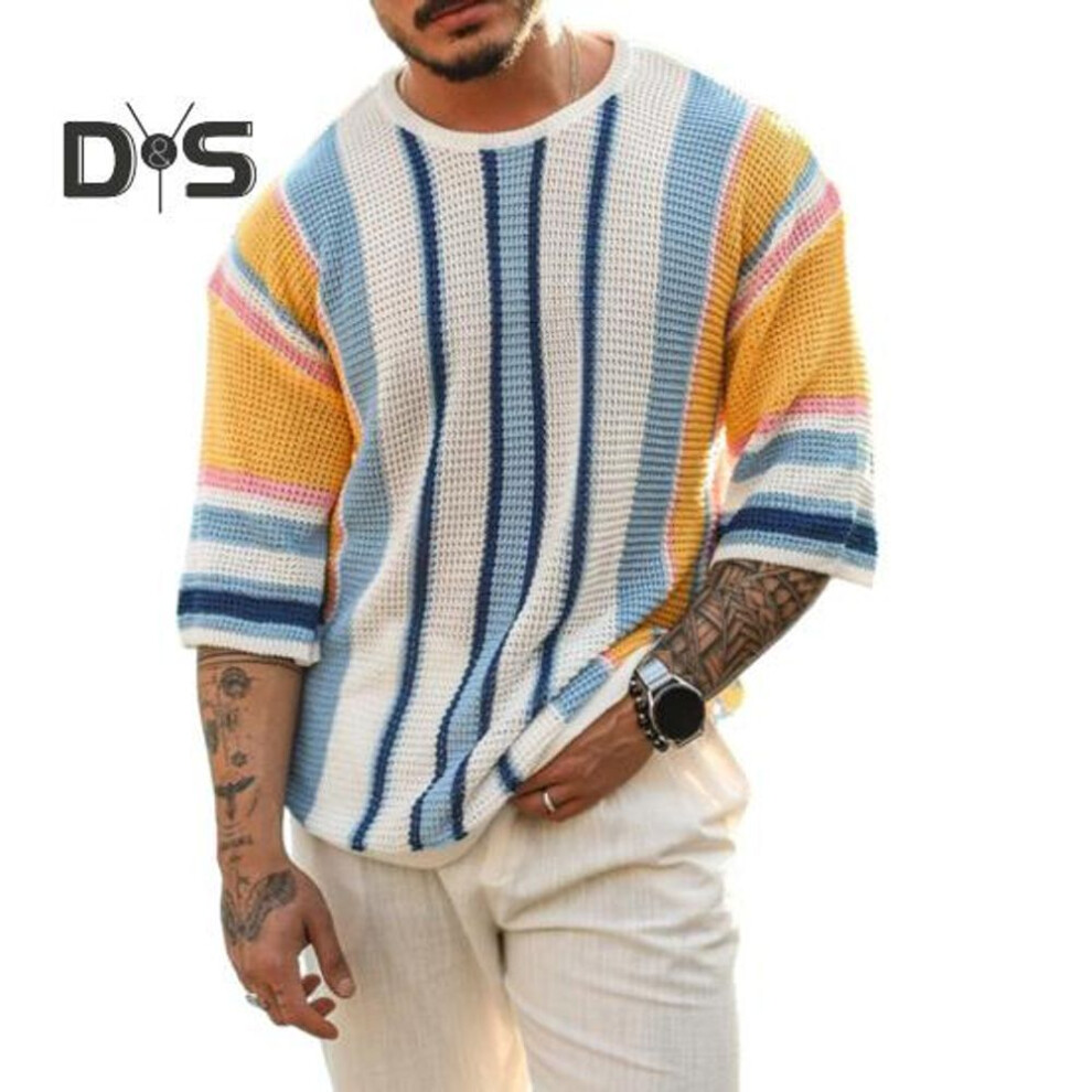 (white,blue, L) Men Sweater Striped Print Round Neck Knitted Half Sleeve Color Matching Loose Pullover Elastic Anti shrink Men Summer Fall Spring Sweater