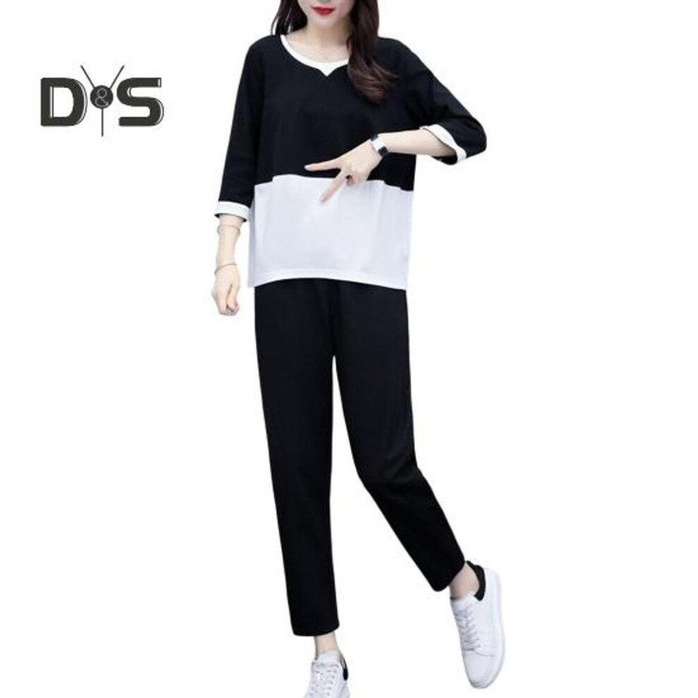 (white, M) 2 Pcs/Set Women T-shirt Pants Set Sport Outfit Colorblock Round Neck Half Sleeve Top Elastic Waist Long Pants Casual Commute Top Trousers Set