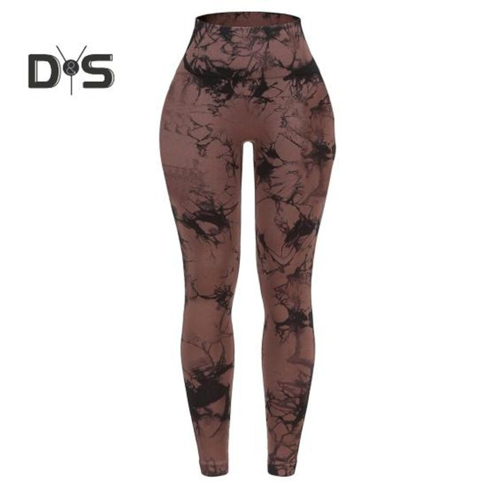 (coffee, S) Women Yoga Pants High Waist Wide Elastic Band Leggings Tie Dye Print Hip Lifting Figure-enhancing Fit Running Cycling Pants