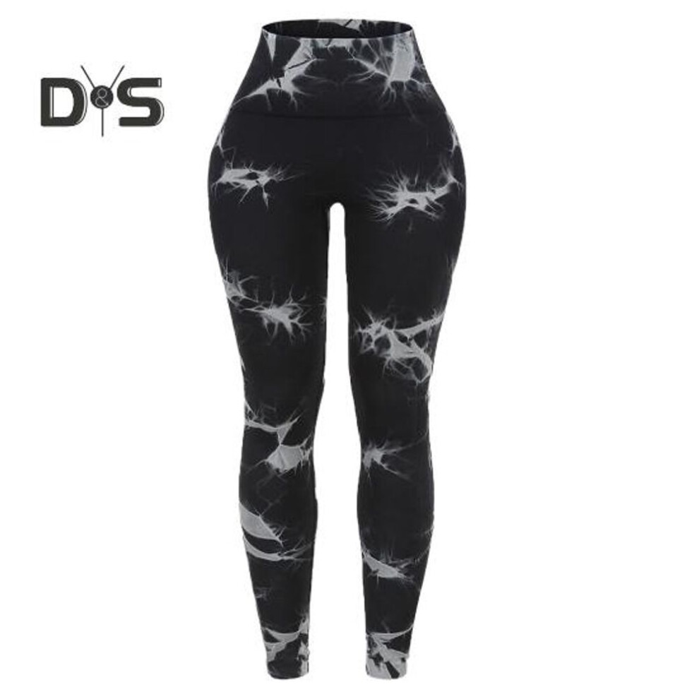 (black, L) Women Yoga Pants High Waist Wide Elastic Band Leggings Tie Dye Print Hip Lifting Figure-enhancing Fit Running Cycling Pants