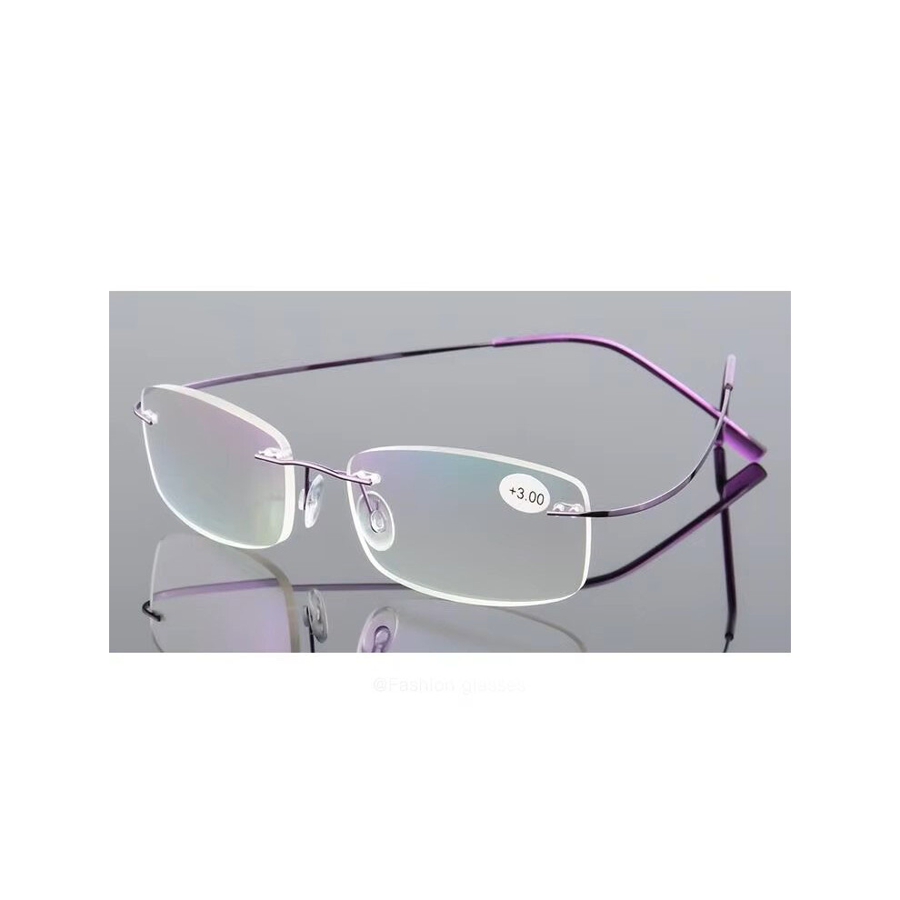 Purple (+1.00, ) Mens Rimless Reading Glasses Metal Readers Rectangle