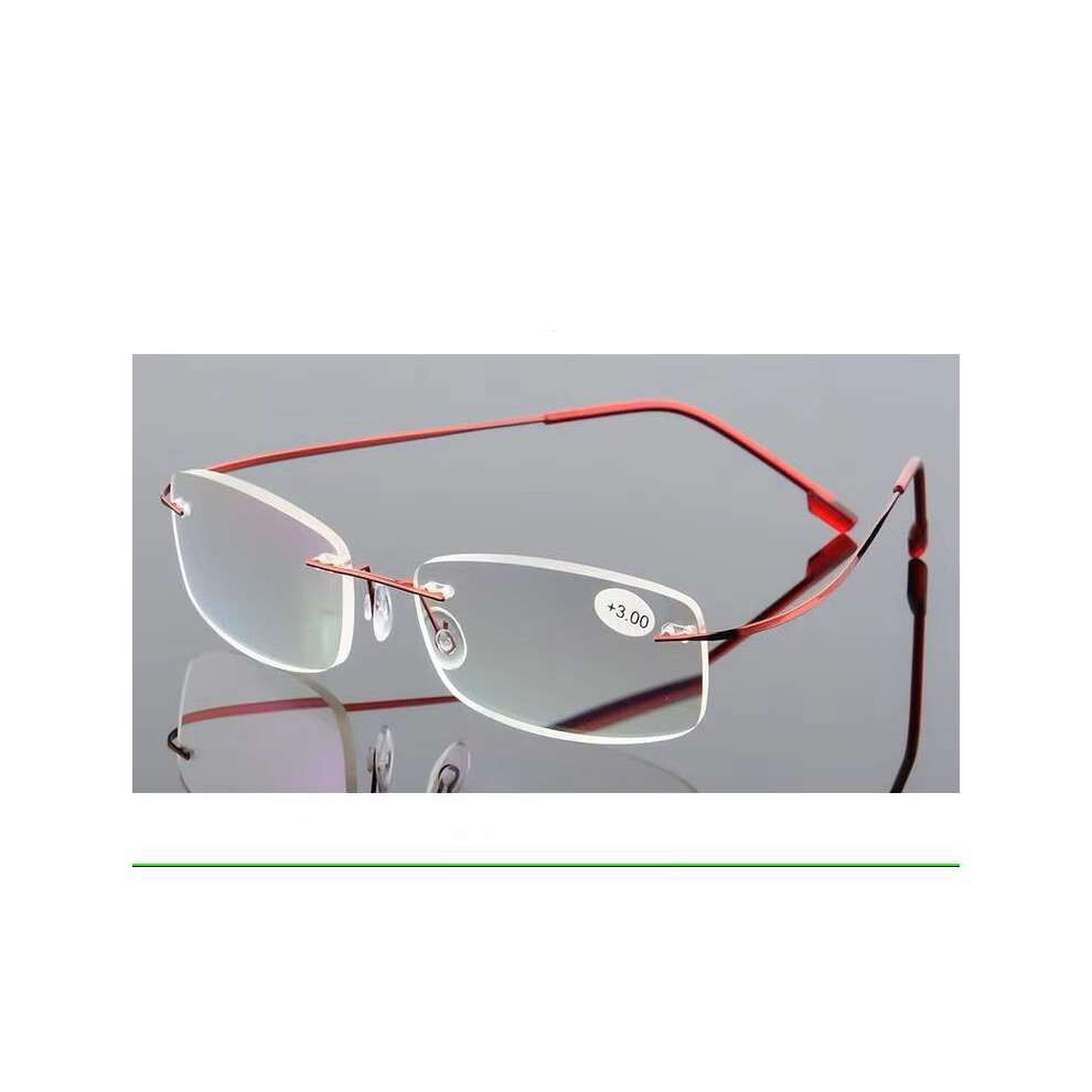 Red (+2.00, ) Mens Rimless Reading Glasses Metal Readers Rectangle