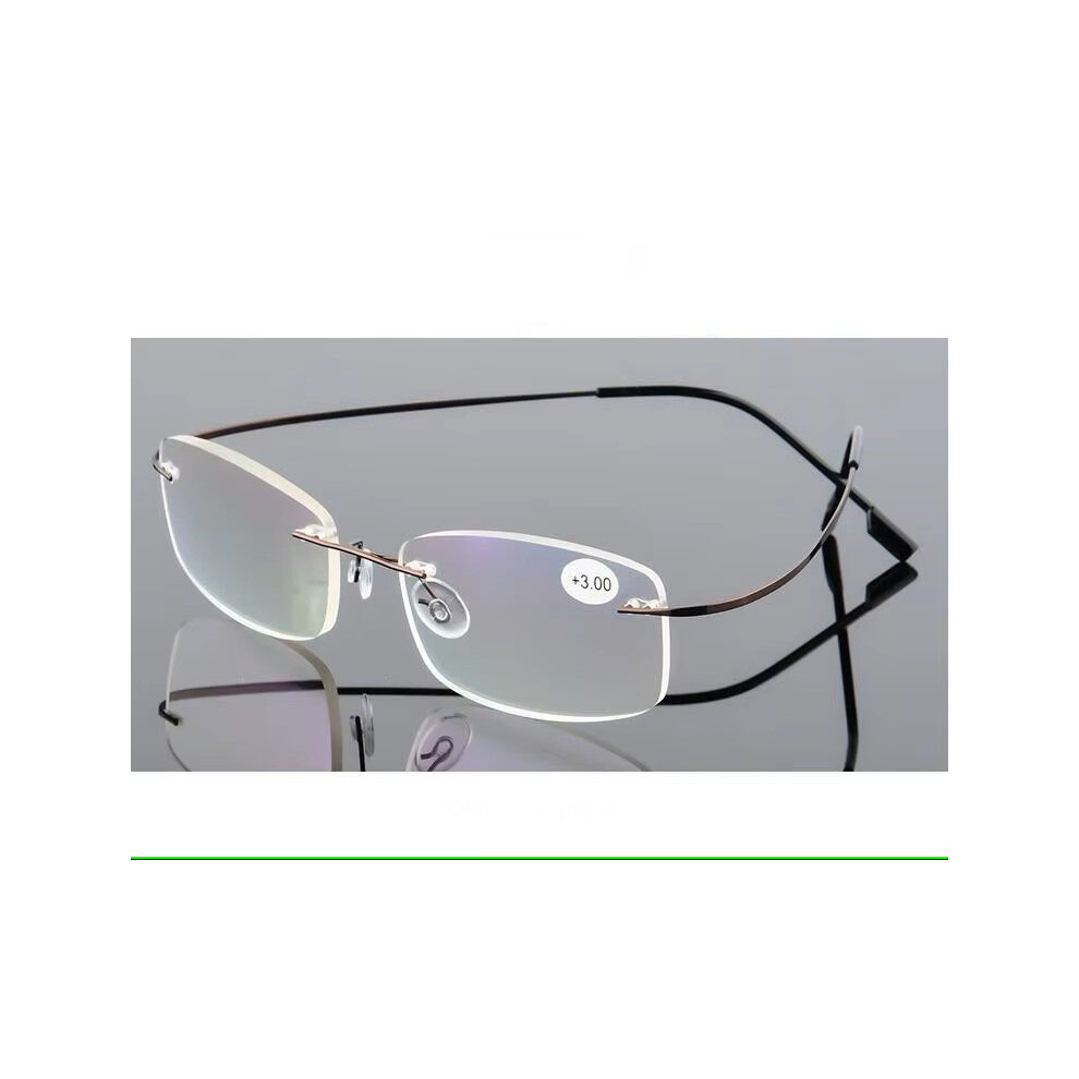 (+2.50, Coffee) Mens Rimless Reading Glasses Metal Readers Rectangle