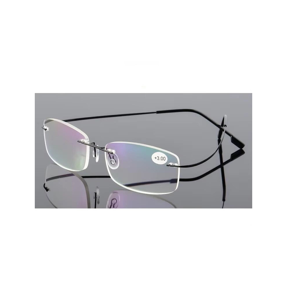 (+4.00, Black) Mens Rimless Reading Glasses Metal Readers Rectangle