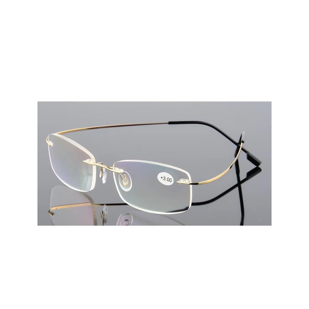 (+4.00, Gold) Mens Rimless Reading Glasses Metal Readers Rectangle
