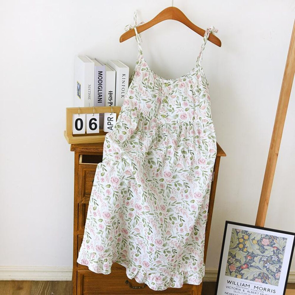 (as the picture, M) New Summer Nightdress Women's Slip Dress 100% Cotton Crepe Cool Skirt With Breast Pad Nightdress Ladies Lovely Home Wear