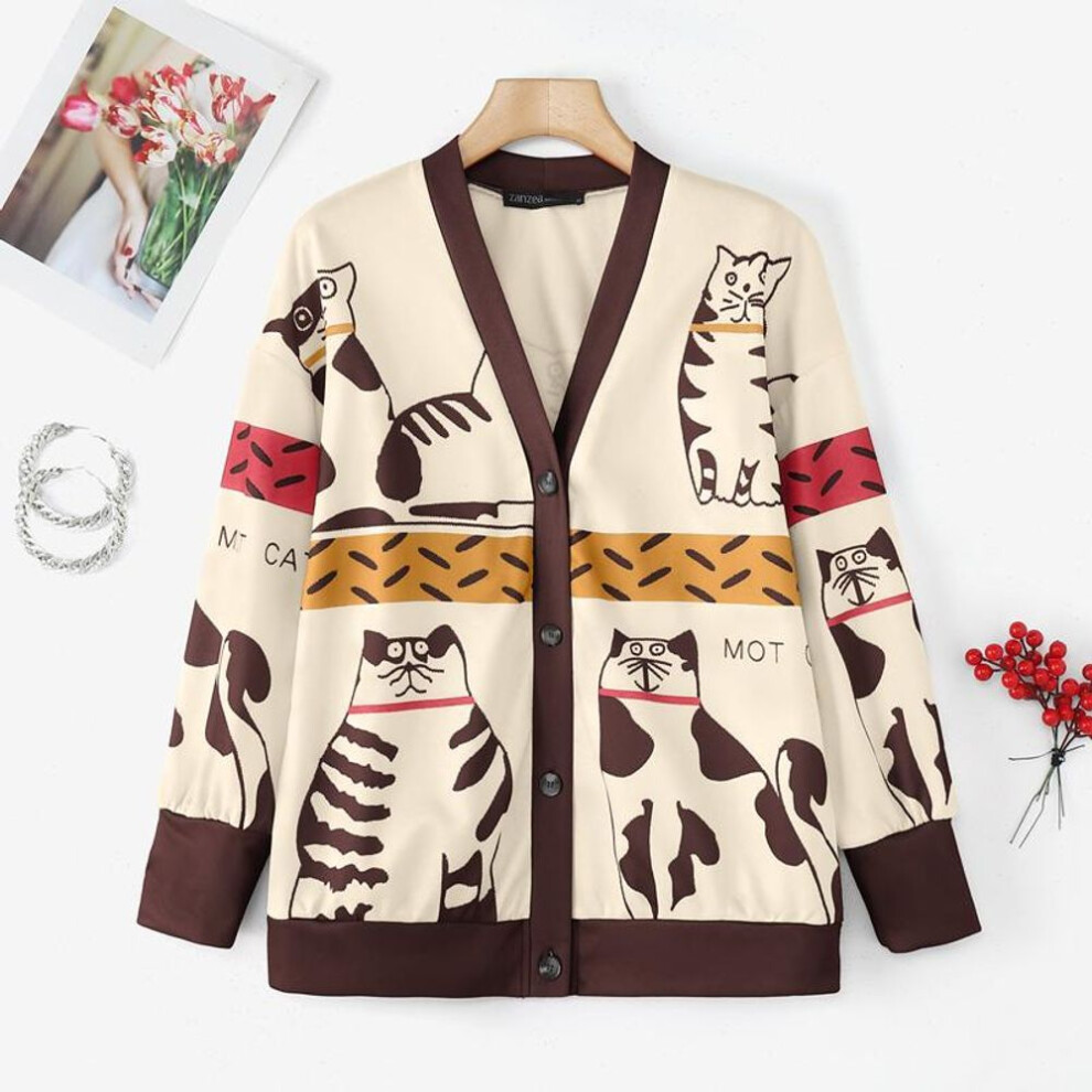 (XL, brown) ZANZEA Women Fall V-Neck Long Sleeve Printed Thin Cardigans