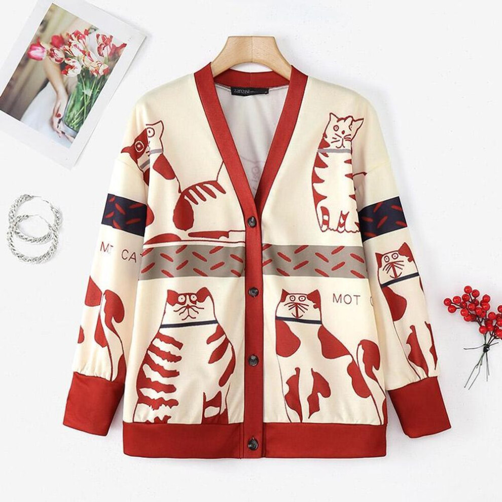 (L, red) ZANZEA Women Fall V-Neck Long Sleeve Printed Thin Cardigans