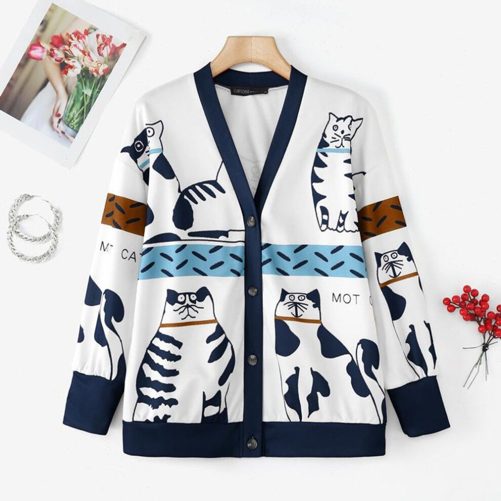 (2XL, white) ZANZEA Women Fall V-Neck Long Sleeve Printed Thin Cardigans