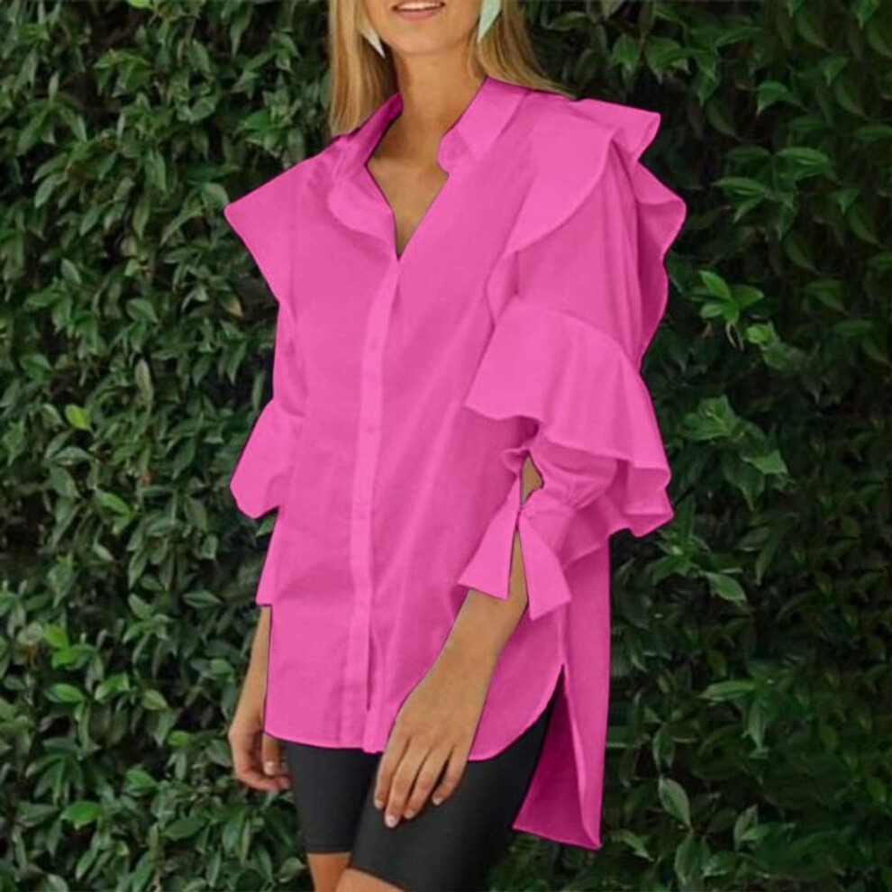 (S, dark pink) VONDA Women Autumn Shirt Collar Ruffled Long Sleeve Shirts