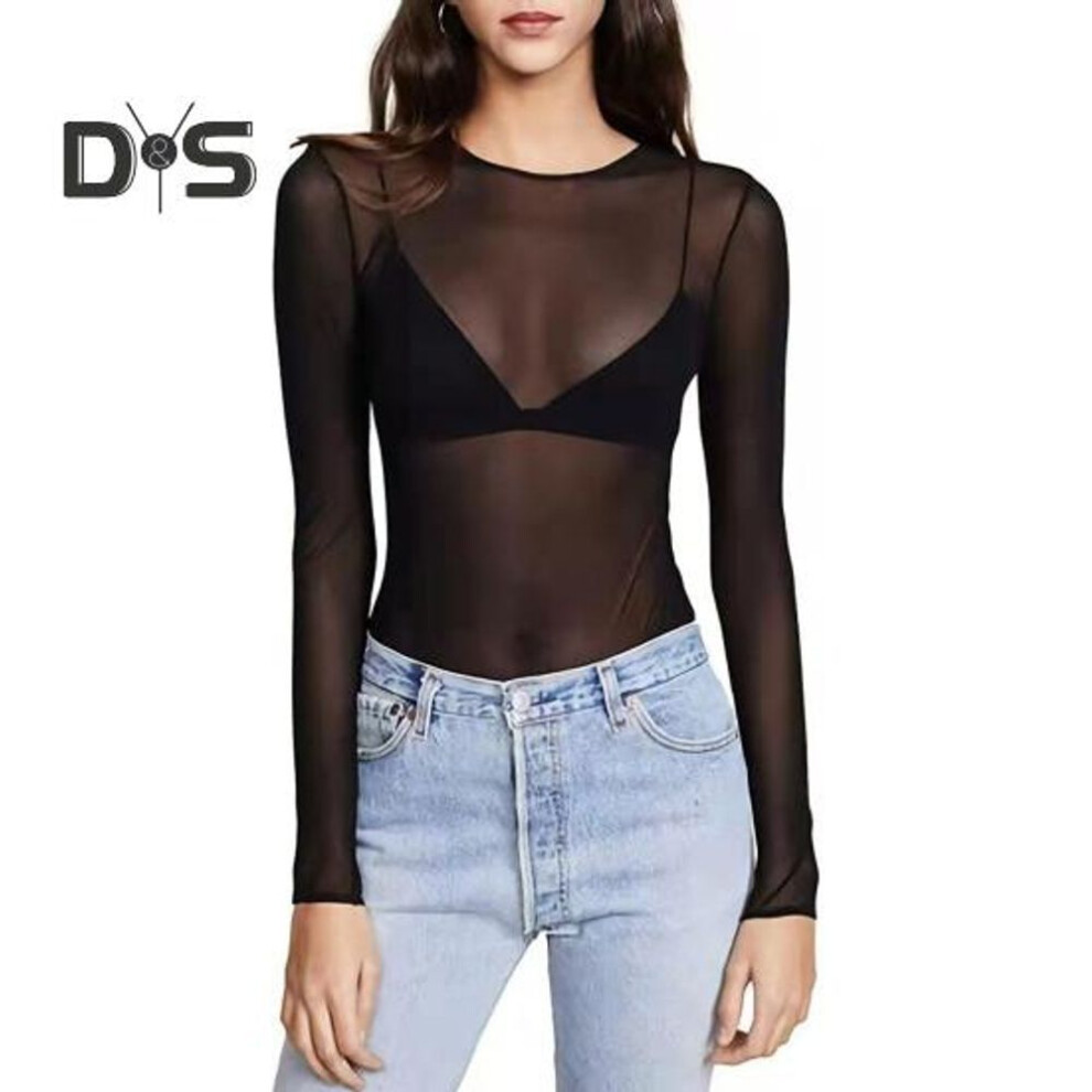 (2XL, black) Women T-shirt Round Neck Long Sleeve Slim Fit Pullover Tops See-through Mesh Yarn Bottom Tops Daily Wear