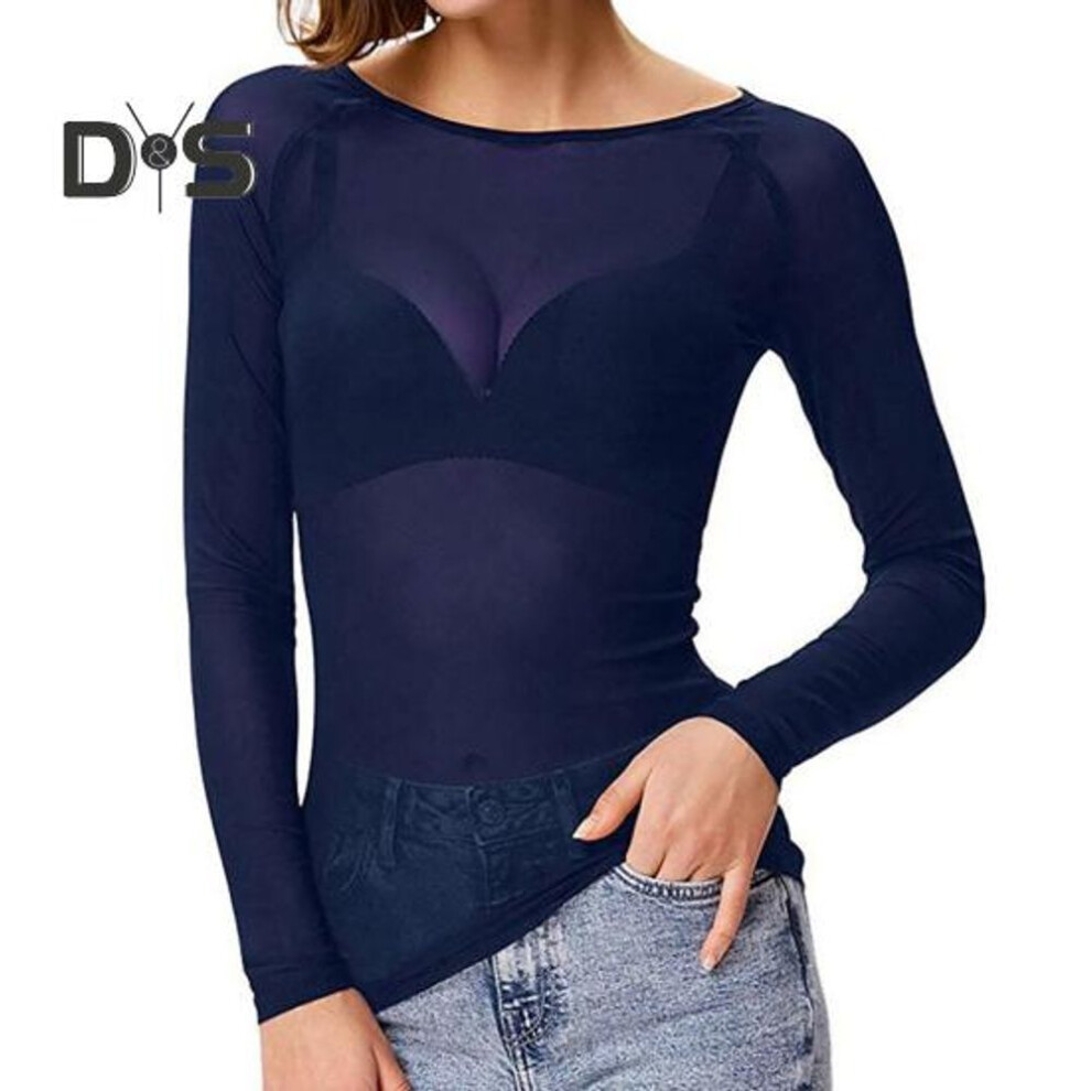 (3XL, blue) Women T-shirt Round Neck Long Sleeve Slim Fit Pullover Tops See-through Mesh Yarn Bottom Tops Daily Wear