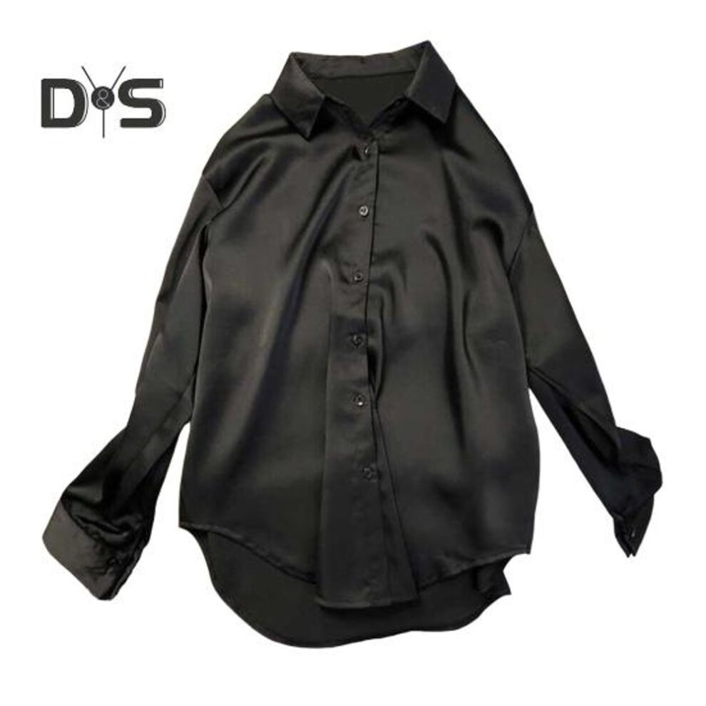 (M, black) Women Shirt Lapel Long Sleeve Commuter Casual Shirt Solid Color Loose Fit Smooth Satin Office Shirt Daily Wear