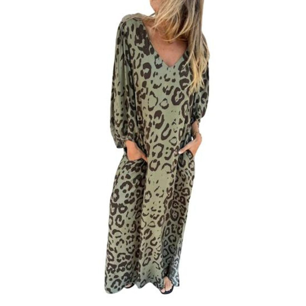 (army green, M) Women's Leopard Print Dress V-Neck Long Sleeve Maxi Dress Casual Loose Fit Spring Summer