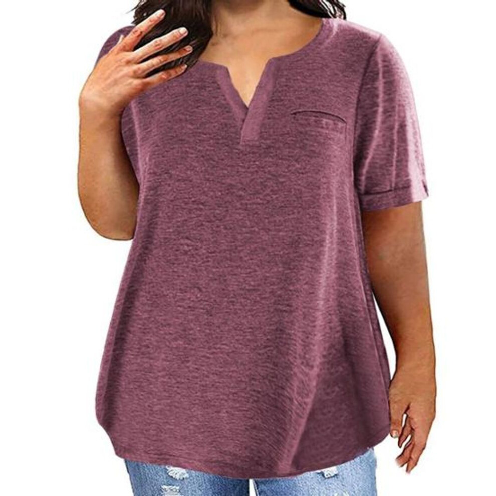 (XXXL, wine red) Women T-shirt V-Neck Short Sleeve Tops with Chest Pockets Solid Color Casual