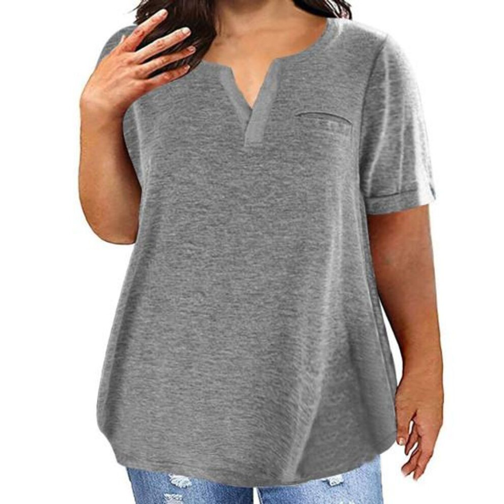 (XL, light grey) Women T-shirt V-Neck Short Sleeve Tops with Chest Pockets Solid Color Casual