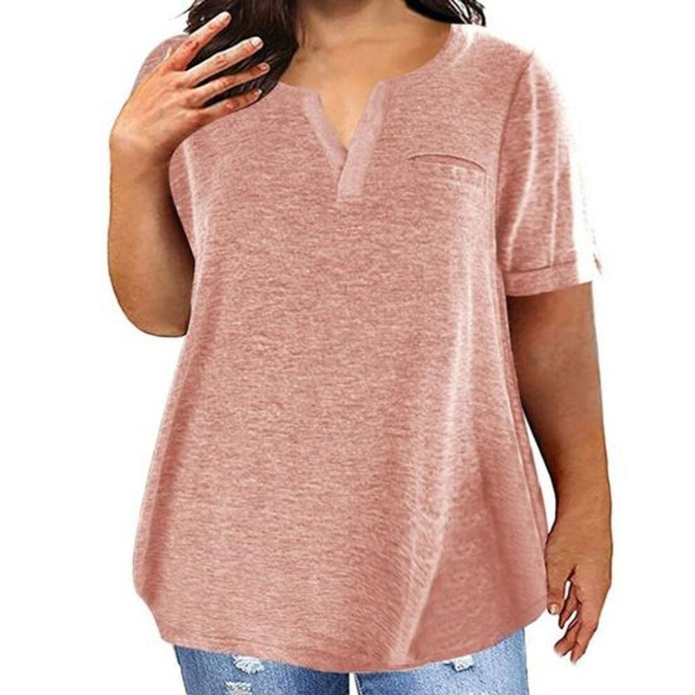 (XL, pink) Women T-shirt V-Neck Short Sleeve Tops with Chest Pockets Solid Color Casual
