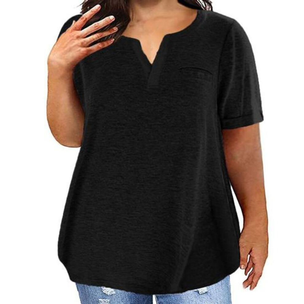 (XXXXL, black) Women T-shirt V-Neck Short Sleeve Tops with Chest Pockets Solid Color Casual