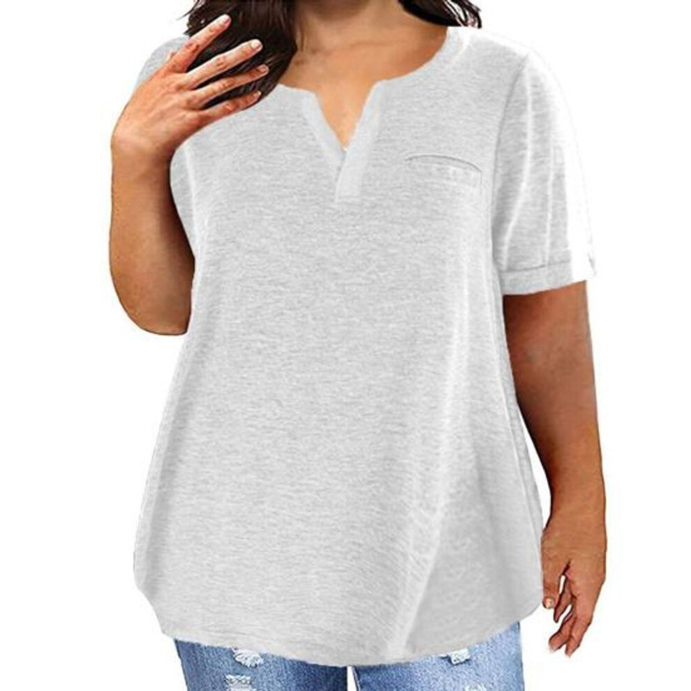 (XXXXL, white) Women T-shirt V-Neck Short Sleeve Tops with Chest Pockets Solid Color Casual