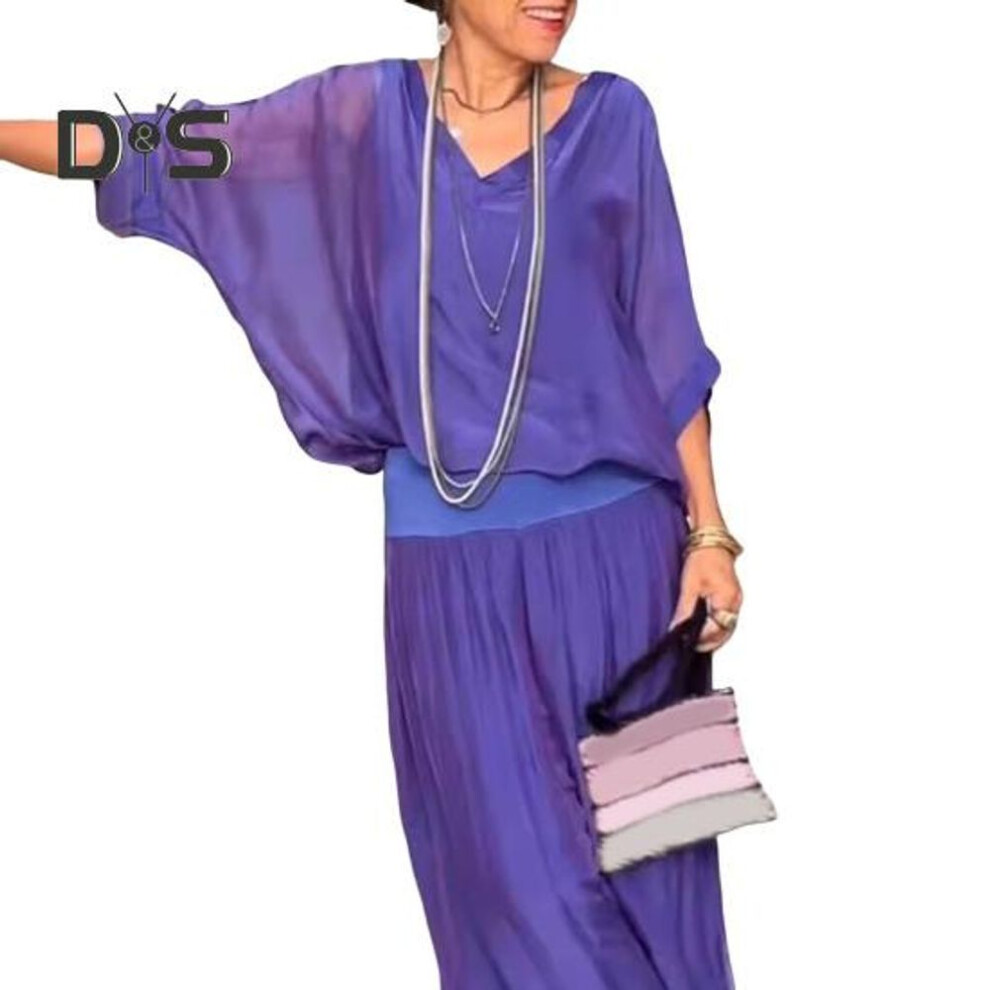 (purple, M) Women's Casual Two Piece Chiffon Outfit Summer V-neck Short Sleeve Top Wide Leg Pants Set Loose Loungewear Suit