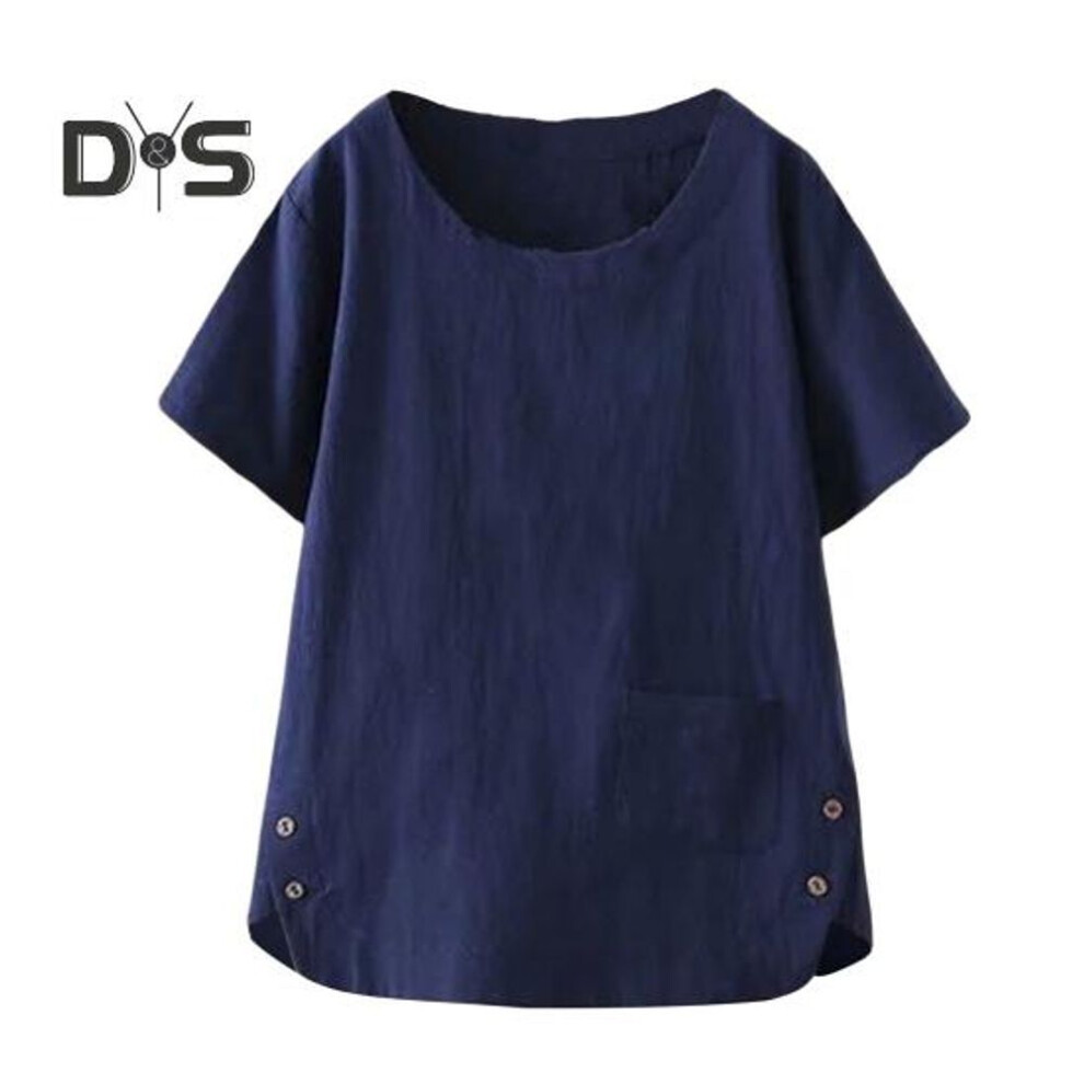 (L, navy blue) Women T-shirt Round Neck Short Sleeve Loose Fit Tee Shirt Side Slit Design Patch Pocket Solid Color Pullover Tops Streetwear
