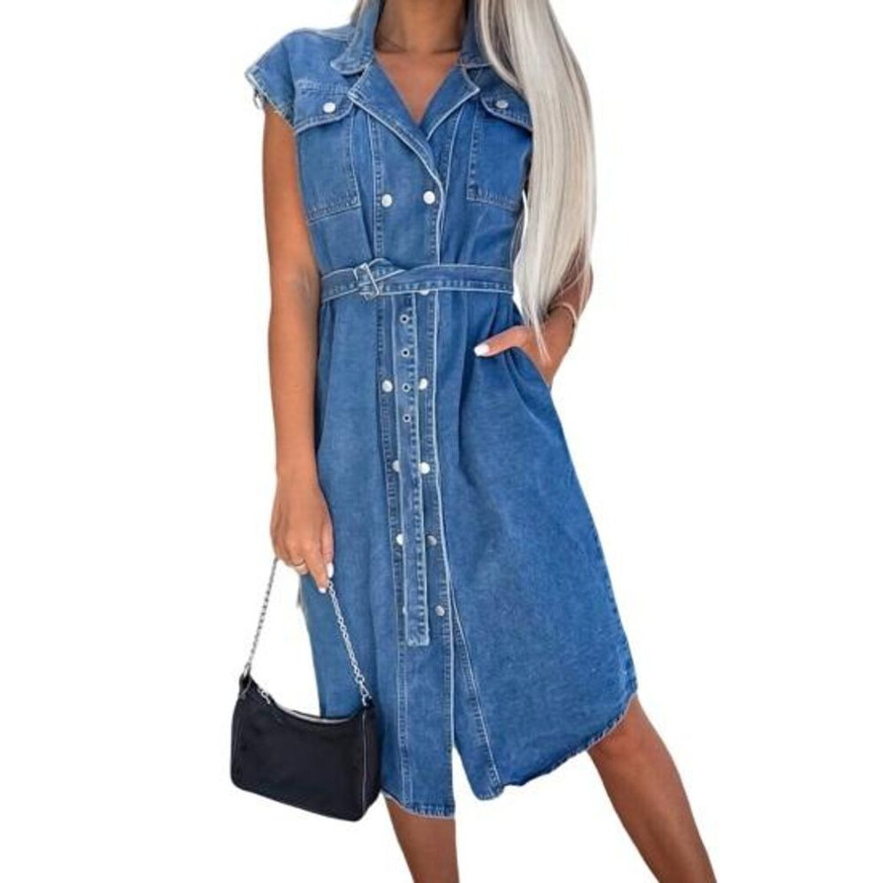(blue, XL) Women's Denim Shirt Dress Sleeveless Button Down Lapel Jean Dress Casual Summer