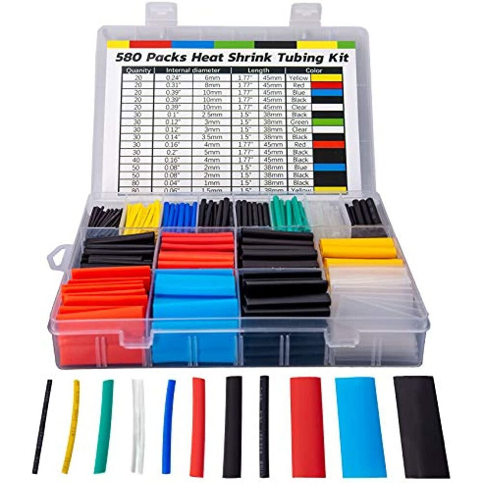 580pcs Heat Shrink Tubing Set, EVA Material, 6 Colors, 11 Sizes, Electrical Insulation & Wire Repair Kit, Durable Storage Case Included
