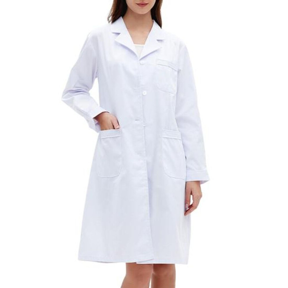 (as the picture, Womens M) Doctor Coat White Long-Sleeved V-Neck Anti-Fouling Lab Coat Men Women Multi-Pocket Design Work Lab Coat