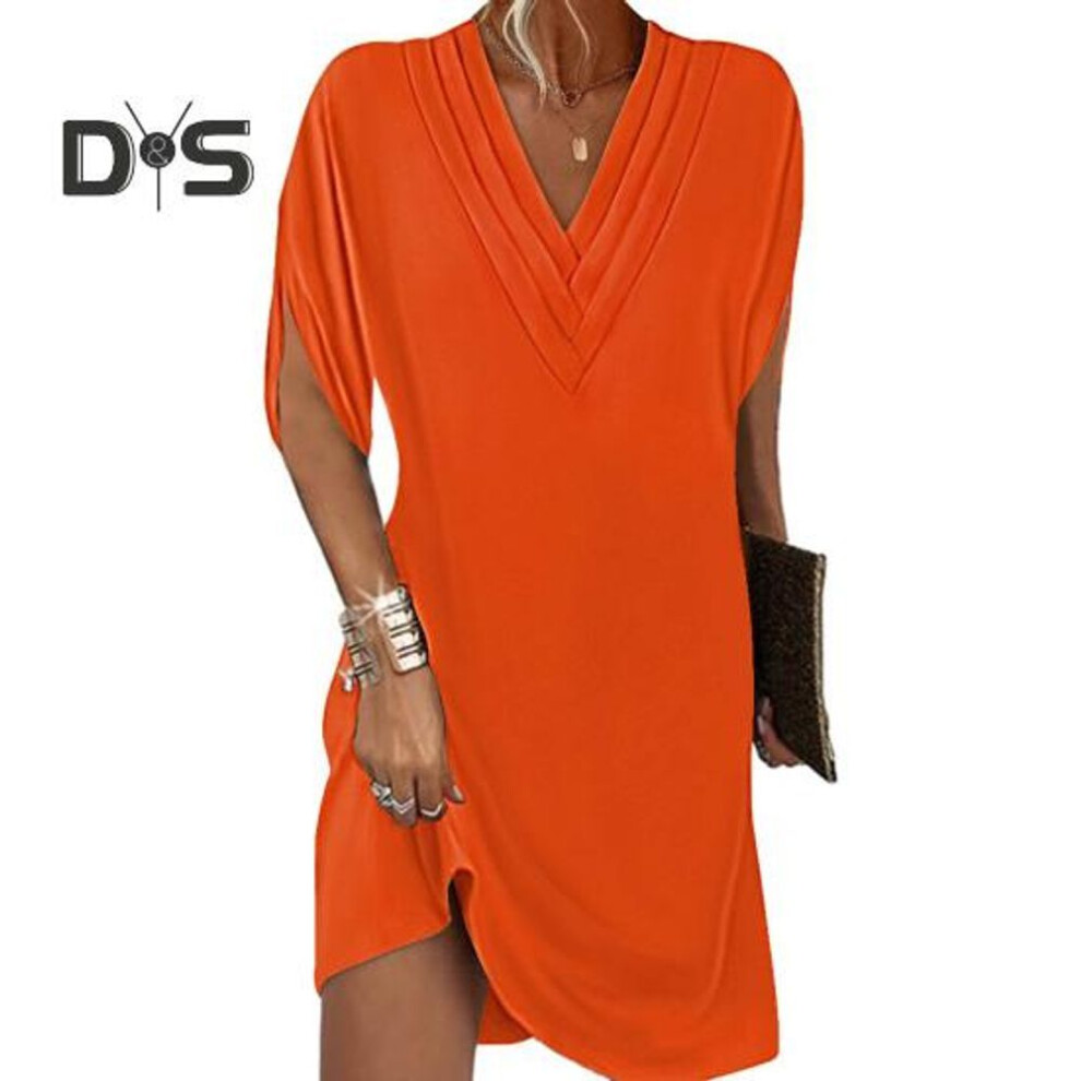 (orange, L) Women Dress V Neck Pleated Half Bat Sleeve Solid Color Loose Soft Breathable Commute Above Knee Mini Dress
