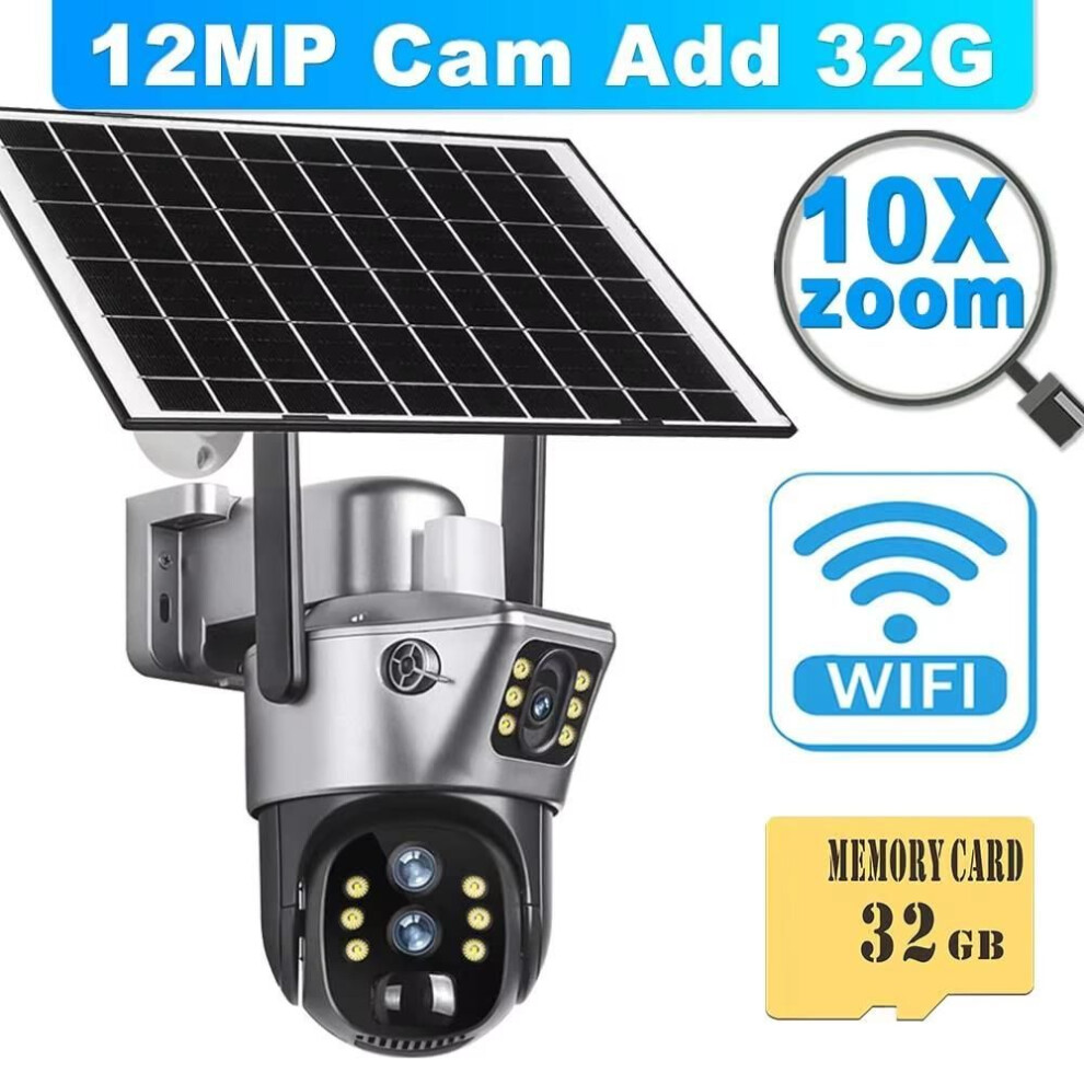 (Wifi 10xZoom Add 32G) Ls Vision 12mp 6k Solar Battery Camera Outdoor 10x Zoom Three Lens Ptz Wifi Surveillance Camera Security Protection 4k 8mp Smart Cctv Cam