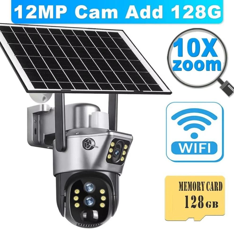 (Wifi 10xZoom Add 128G) LS VISION 12MP 6K Solar Battery Camera Outdoor 10X Zoom Three Lens PTZ WiFi Surveillance Camera Security Protection 4K 8MP Smart CCTV Cam