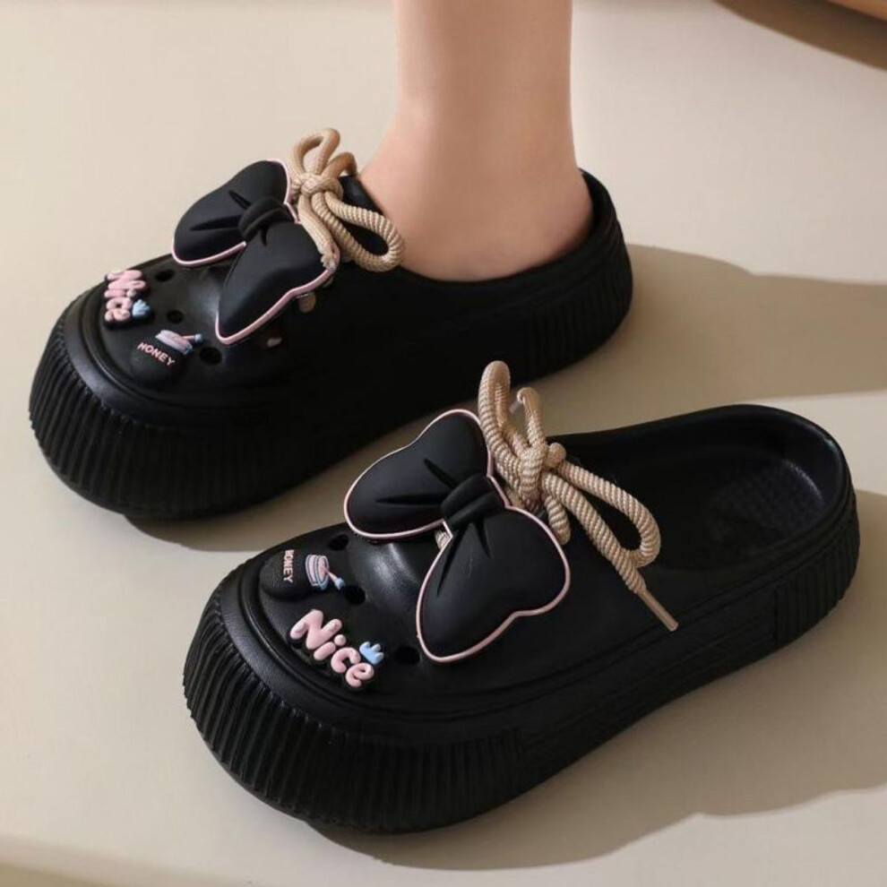 (black, 38-39) Cute Bow Hollow Slippers for Women Summer New Arrival Thick-Soled Platform Open-toe Mules Clogs Indoor Outdoor Student Bowknot Slippers