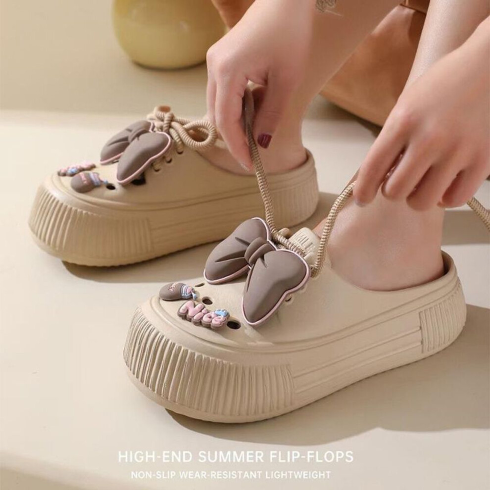 (khaki, 40-41) Cute Bow Hollow Slippers for Women Summer New Arrival Thick-Soled Platform Open-toe Mules Clogs Indoor Outdoor Student Bowknot Slippers