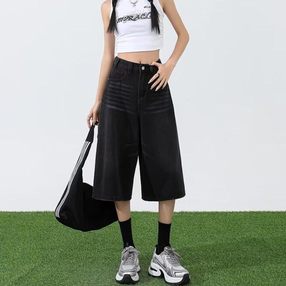 (black, M) Women's Black Washed High Waist Wide Leg Denim Shorts - Summer Trend