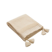 (Beige) Solid Color Knit Blanket With Tassels Fringe , Acrylic Fibers Warm Knitted Throw Blanket For All Seasons, Soft Cozy Throws