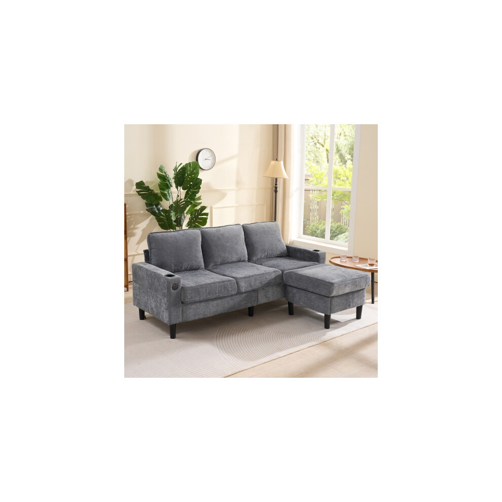 L-Shaped Couch Sofa, Corner Sofa 3 Seater Sofa, Sectional Sofa Couches With USB, Cup Holder，Grey