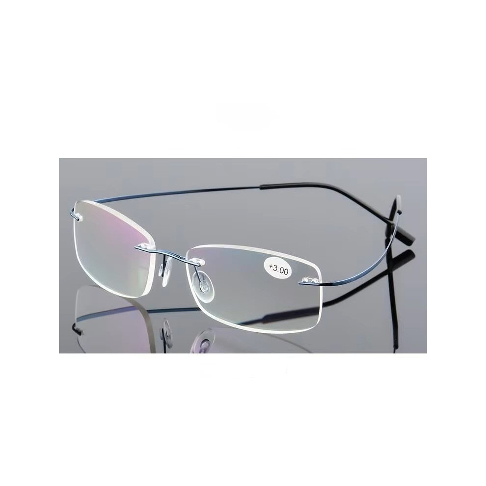 Blue (+2.00, ) Mens Rimless Reading Glasses Metal Readers Rectangle +1.0 To +4.0