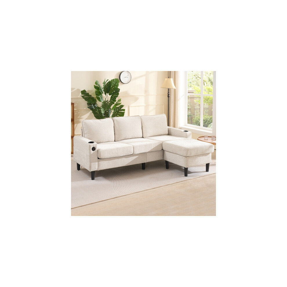 L-Shaped Couch Sofa, Corner Sofa 3 Seater Sofa, Sectional Sofa Couches With USB, Cup Holder，Beige