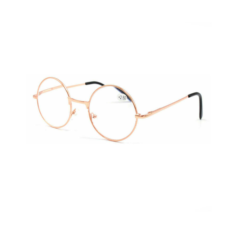 (Rose Gold, +2.25) Classic Round Reading Glasses Vintage Metal Readers +1.0 ~ 4.0 Mens Womens