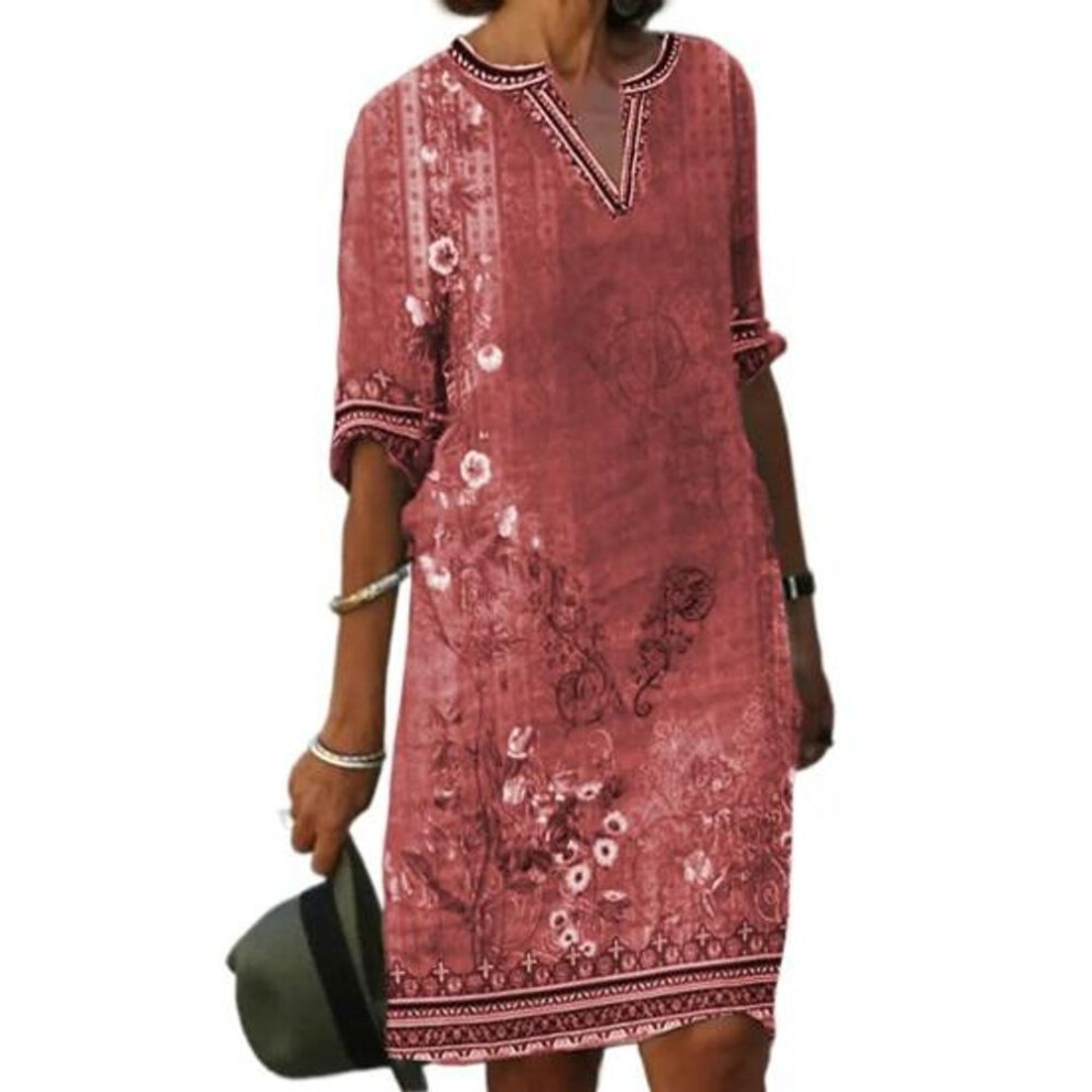 (red, 4XL) Women Dress Ethnic Style V-neck Knee-length Skin-touch Loose-fitting Decorative Polyester Spring Summer Women Relaxed A-line Dress For Women