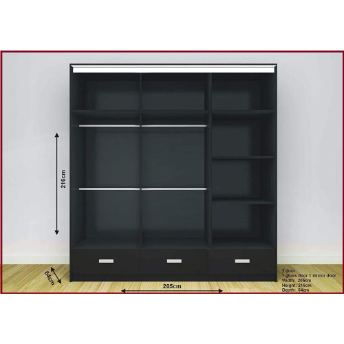 (205cm, Black) Modern High Gloss Sliding door Wardrobe with Long LED