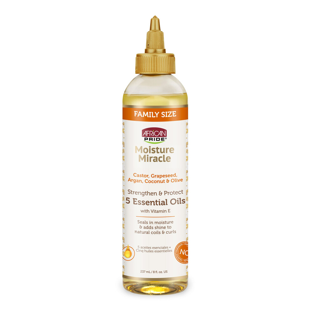 African Pride Moisture Miracle 5 Essential Hair Oils - Contains Castor  Grapeseed  Argan  Coconut & Olive Oil  Seals in Moisture & Adds Shine to Hair