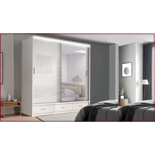 (205cm, White) Modern High Gloss Sliding door Wardrobe with Long LED