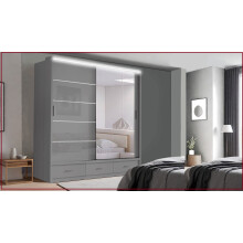 (205cm, Grey) Modern High Gloss Sliding door Wardrobe with Long LED