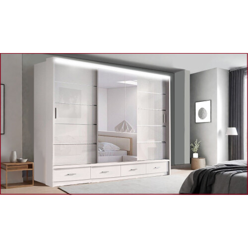 (256cm, White) Modern High Gloss Sliding door Wardrobe with Long LED