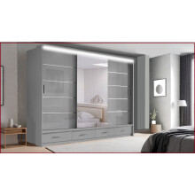 (256cm, Grey) Modern High Gloss Sliding door Wardrobe with Long LED