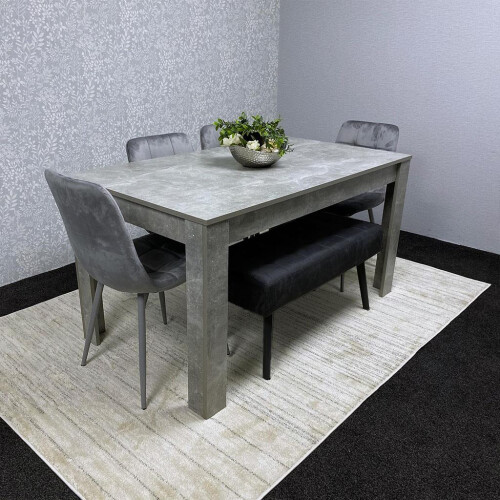 Grey Wooden Dining Table Set with 4 Grey Chairs and 1 Bench