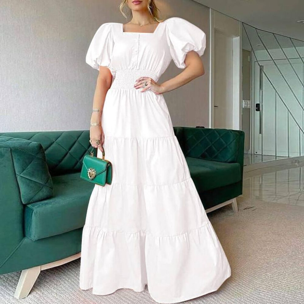 (white, XL) Women's Summer 2025 Puff Sleeve Maxi Sundress – Square Neck Casual Beach Dress